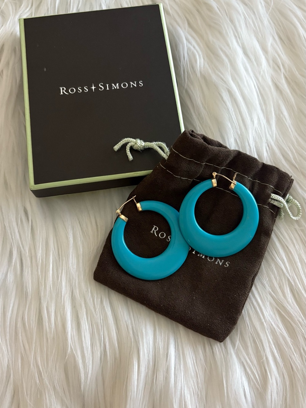 Ross Simons Large Go Go Simulated Turquoise Hoop Earrings w/14k Snap Bar Posts